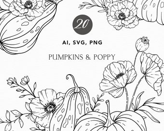 Floral Pumpkin SVG Clipart: Hand Drawn Line Art (Digital Download)