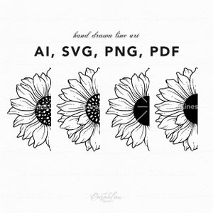Demi tournesol SVG, fichier coupe tournesol, tournesol découpé au laser, dessin au trait tournesol, fleurs dessinées à la main, botanique ligne Art png, tournesols SVG