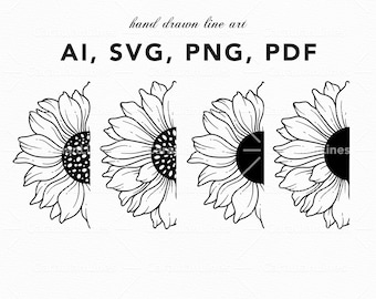 Half Sunflower SVG, Sunflower Cut file, Laser Cut Sunflower, Sunflower Line Art, Hand Drawn Flowers, Botanical Line Art png, SVG SunFlowers
