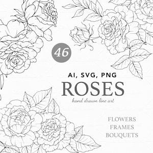 Arte de línea de rosas, Rosas SVG, Arte de línea floral svg, Flores de rosas dibujadas a mano, Arte de línea botánica PNG, Flores SVG, flores de boda svg