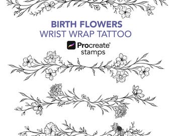 Birth Month Floral Procreate Tattoo Stamps: Wrist Wrap Flower Designs (Digital Download)