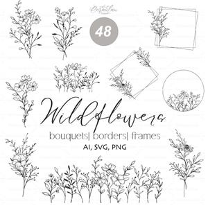 Fleurs sauvages SVG, SVG de bordure fleurie, dessin au trait floral, contour de fleurs sauvages, clipart floral, dessin au trait botanique, Svg floral, mariage de fleurs sauvages