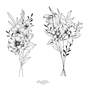 Custom Birth Flower Bouquet, Birth Flower Custom tattoo, Family Bouquet Design, Custom Tattoo Design Commission, Birthday Flower Tattoo
