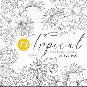 Flores tropicales SVG, Arte de línea floral, SVG tropical, Imágenes prediseñadas de plantas tropicales, Arte de línea botánica, Paquete svg floral, Diseño de boda SVG
