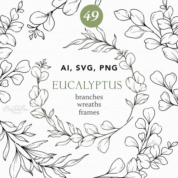 Eucalyptus Svg, Eucalyptus Line Art SVG, Hand Drawn Greenery, Botanical Line Art PNG, SVG leaves and Branches, Eucalyptus Illustrations
