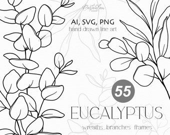 Eucalyptus Line Art SVG: Hand Drawn Greenery, Botanical PNG (Digital Download)