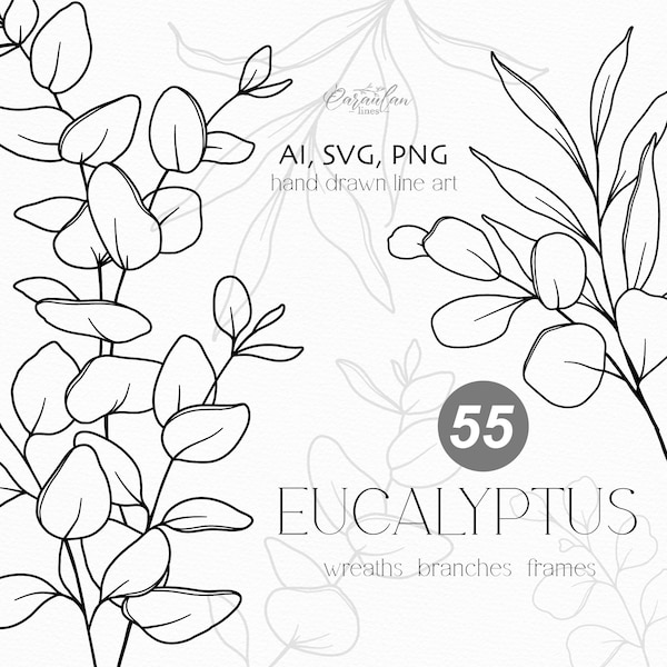 Eucalyptus Svg, Eucalyptus Line Art SVG, Hand Drawn Greenery, Botanical Line Art PNG, SVG leaves and Branches, Black and white flowers