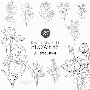 Pacote SVG de flores do mês de nascimento, clipart de flores de nascimento, arte de linha de flores de nascimento, buquê de flores mês de nascimento, design de tatuagem de flor de aniversário