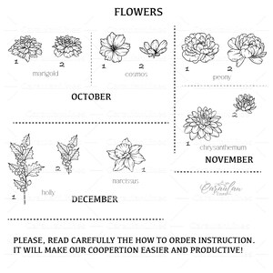 May include: Black and white line art illustrations of various flowers, grouped by month. October features marigold and cosmos. November features peony and chrysanthemum. December features holly and narcissus. The text "FLOWERS" is at the top of the image. The text "OCTOBER", "NOVEMBER", and "DECEMBER" are below the flower illustrations. The text "PLEASE, READ CAREFULLY THE HOW TO ORDER INSTRUCTION. IT WILL MAKE OUR COOPERTION EASIER AND PRODUCTIVE!" is at the bottom of the image.