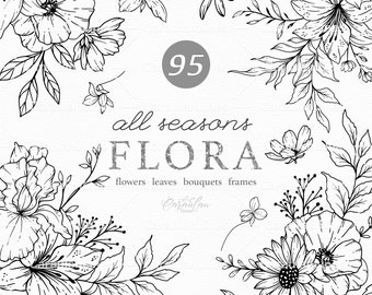 Floral lijntekeningen, wilde bloemen SVG, botanische clipart SVG, hand getrokken bloemen PNG, botanische lijntekeningen PNG, SVG bloemen, bruiloft SVG bloemen