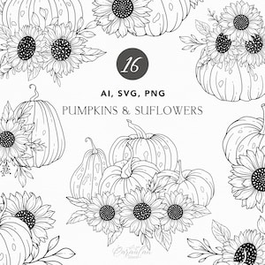 Tournesols et citrouilles SVG, fleurs de citrouilles, clipart citrouilles dessinés à la main, fleurs d'automne, compositions de citrouilles, SVG de Thanksgiving