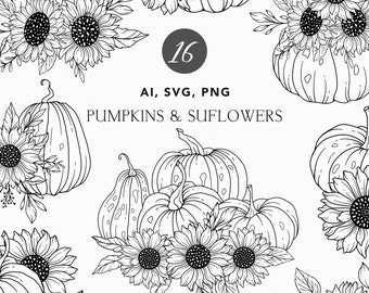 Sunflowers and  Pumpkin SVG: Hand Drawn Floral Clipart (Commercial Use, Digital Download)