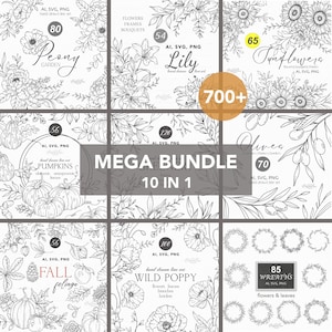 Floral BUNDLE Svg, arte de linha floral, flores Svg, folhas Svg, arte de linha botânica, arquivos Svg florais, design de casamento SVG, flores de linha fina