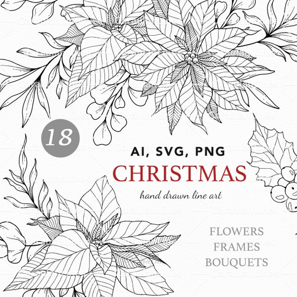 Christmas Svg, Christmas Line Art SVG, Hand Drawn Poinsettia Line Art, Christmas Floral Line Art PNG, winter greenery svg, winter florals