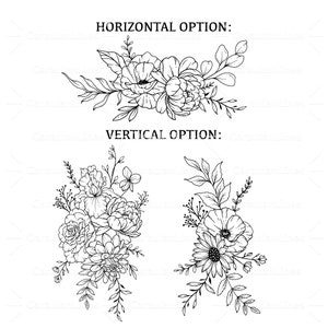 May include: Two black and white line drawings of floral arrangements. The top arrangement is horizontal and the bottom arrangement is vertical.