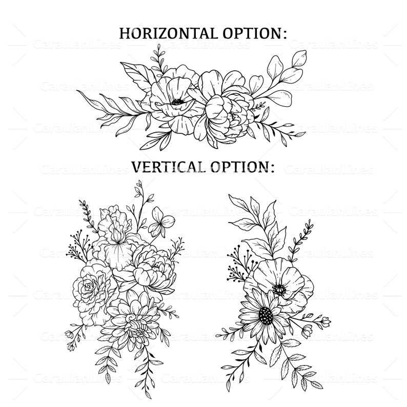 May include: Two black and white line drawings of floral arrangements. The top arrangement is horizontal and the bottom arrangement is vertical.