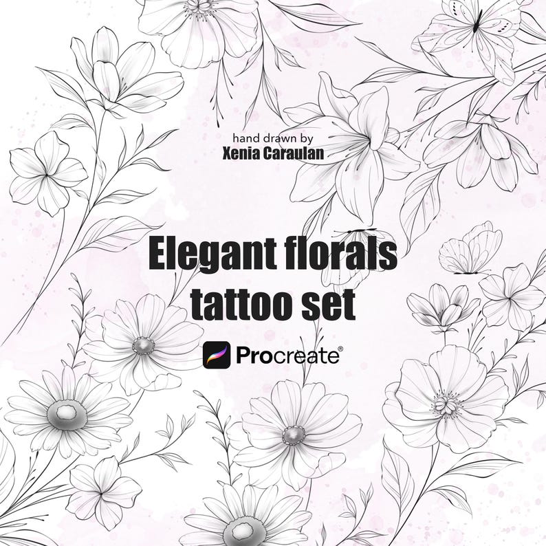 Floral Procreate Stamps: Fine Line Flower Tattoo Brush Set (digital ...