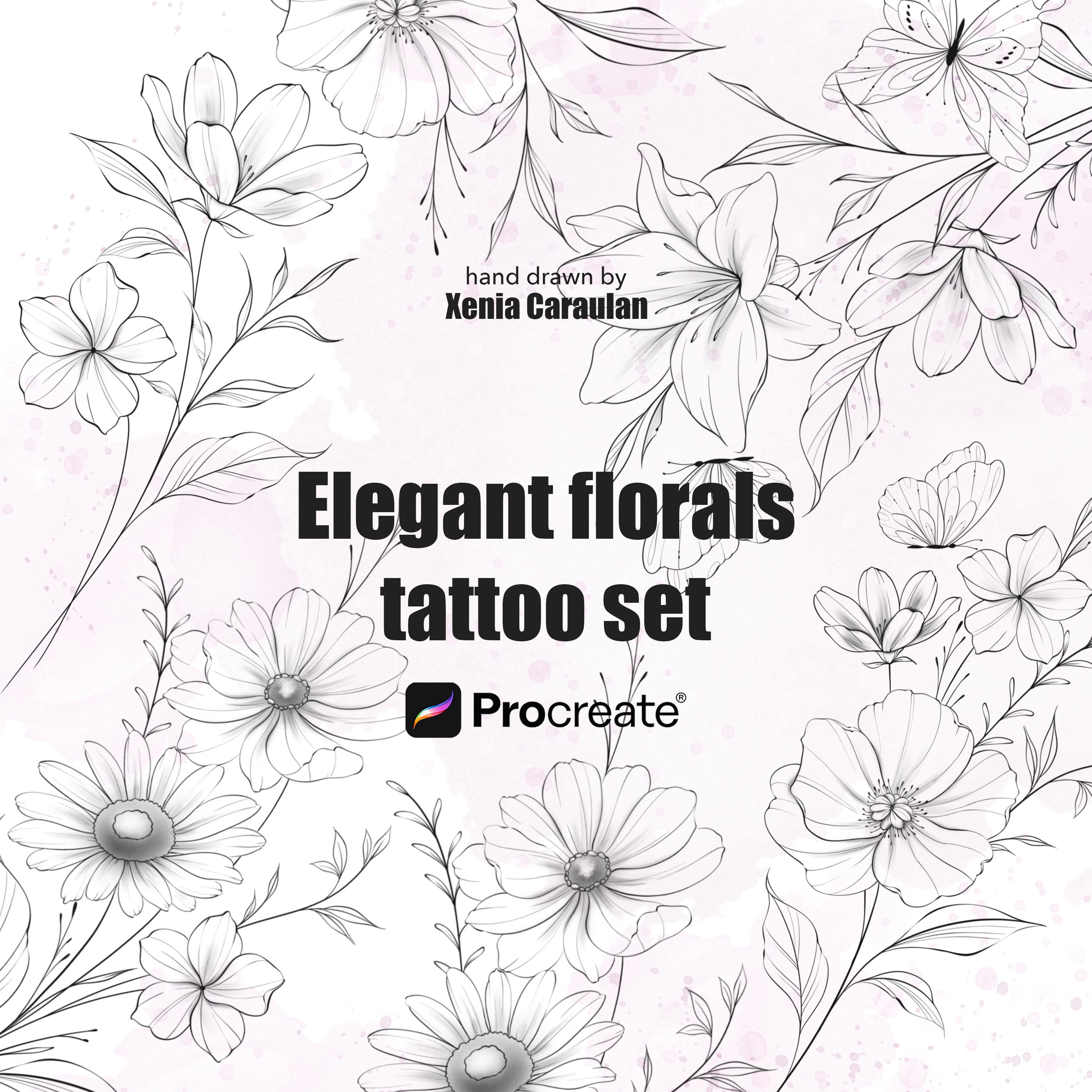 Floral Procreate Stamps: Fine Line Flower Tattoo Brush Set (digital ...