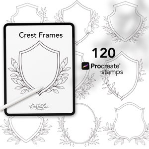 Wedding Crest Procreate Stamps, Botanical Crest Stamp, Hand Drawn Greenery, Floral Line Art, Vintage Crest Frame, Procreate Stamp Frame