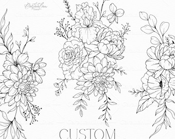 May include: Three black and white line drawings of floral bouquets. The bouquets are arranged in a vertical line, with the largest bouquet in the middle. The bouquets are made up of various flowers, including roses, peonies, and lilies. The text "CUSTOM birth flower tattoo (flat lay)" is printed below the bouquets.