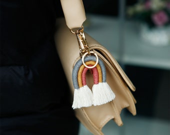 Macrame Rainbow Tassel Keychain: Boho Woven Bag Charm