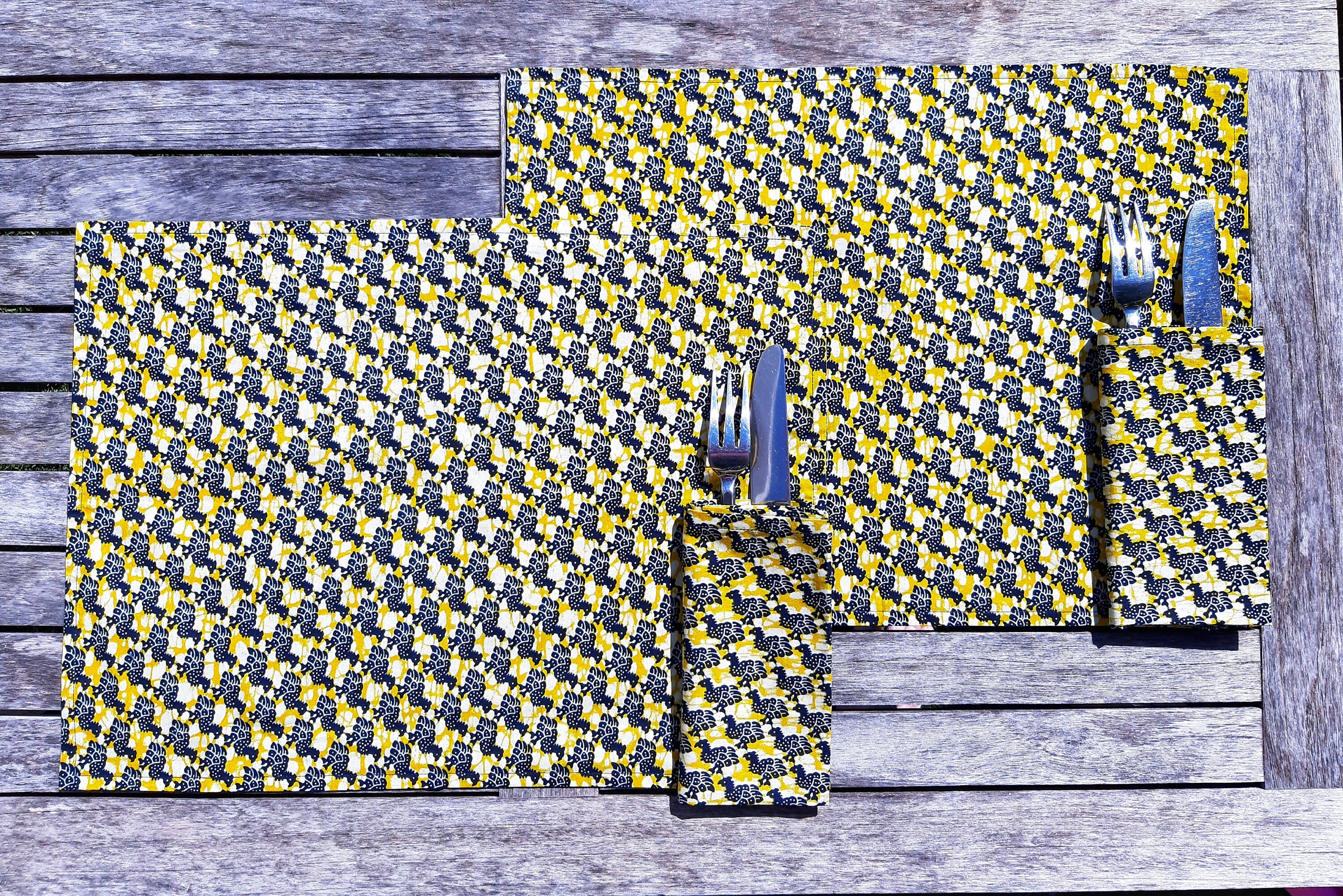 Sets de Table et Serviettes en Tissu Wax Authentique, Napperon Wax, Décoration de Table Set Réversib