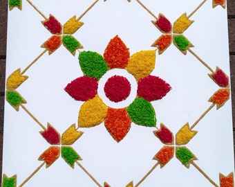 Traditioneel phulkari-bloembord | Punjabi-bruiloftaccessoires | Rangoli | Gekleurde rijst | Haldi | Vatna | Handgemaakt in het Verenigd Koninkrijk
