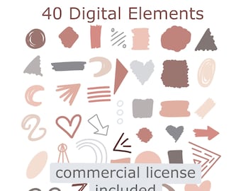 Rose Gold Doodle Clip Art: 40 Boho Design Elements (PNG Files)