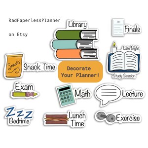 May include: A set of colorful stickers for a planner, featuring illustrations of books, a calculator, a sandwich, dumbbells, a sleeping person, a snack bag, a candle, a pen, and a speech bubble. The stickers have text that says "Library", "Snack Time", "Decorate Your Planner!", "Finals", "Late Night", "Study Session", "Exam", "Math", "Lecture", "Lunch Time", "Bedtime", and "Exercise".