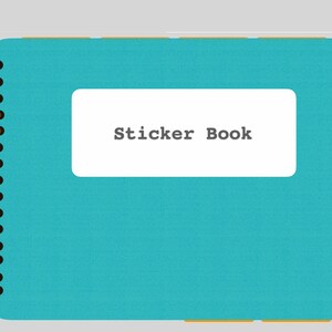 May include: A blue spiral bound notebook with a white label that says "Sticker Book" on the front.