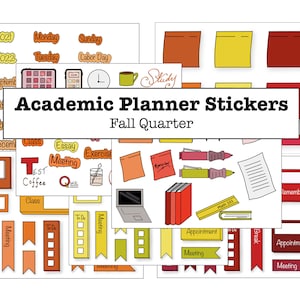 May include: A set of colorful academic planner stickers with various designs, including "Test", "Meeting", "To Do", "Class", "Essay", "Exercise", "Coffee", "Quiz", "Appointment", "Break", "Remember", "Math 101", and "Study". The stickers are in shades of red, orange, yellow, and brown.
