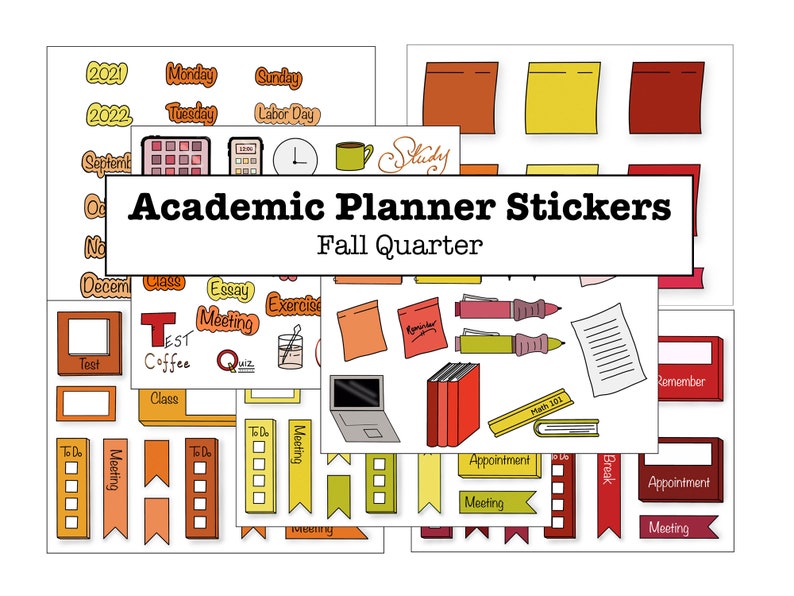 May include: A set of colorful academic planner stickers with various designs, including "Test", "Meeting", "To Do", "Class", "Essay", "Exercise", "Coffee", "Quiz", "Appointment", "Break", "Remember", "Math 101", and "Study". The stickers are in shades of red, orange, yellow, and brown.