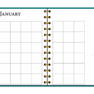 May include: A blue and white planner with a gold coil binding. The planner has a monthly calendar layout with the month of January displayed. The planner has tabs for each month of the year.