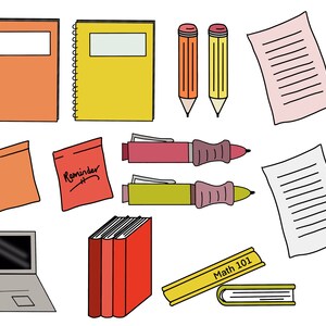 May include: A collection of school supplies including two notebooks, two pencils, two pens, a laptop, a sticky note, a reminder note, and two sheets of lined paper.  The notebooks are orange and yellow. The pencils are yellow and orange. The pens are red and green. The laptop is gray. The sticky note is orange. The reminder note is red. The sheets of paper are white. The text on the reminder note says "Reminder". The text on the yellow book says "Math 101".