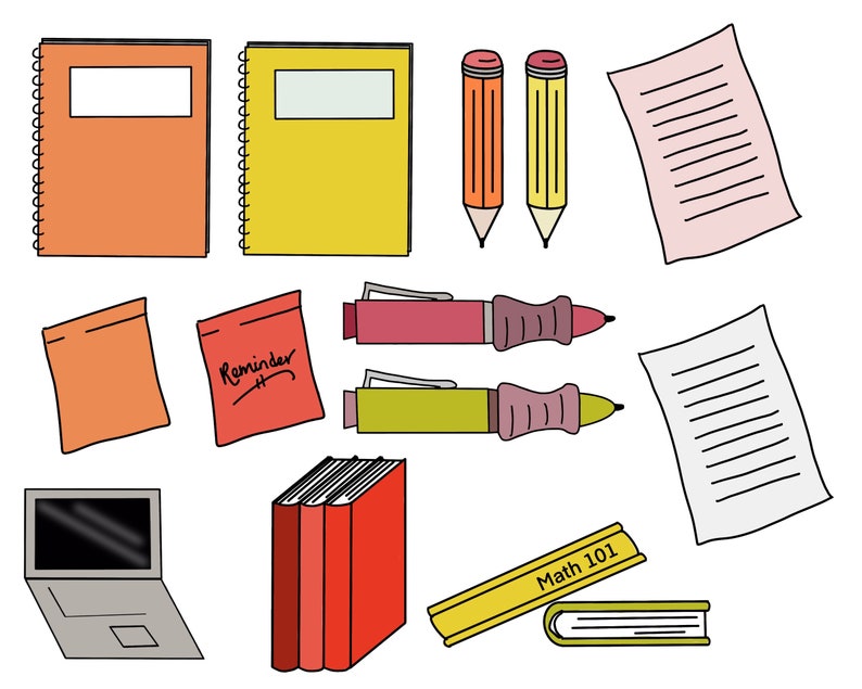 May include: A collection of school supplies including two notebooks, two pencils, two pens, a laptop, a sticky note, a reminder note, and two sheets of lined paper.  The notebooks are orange and yellow. The pencils are yellow and orange. The pens are red and green. The laptop is gray. The sticky note is orange. The reminder note is red. The sheets of paper are white. The text on the reminder note says "Reminder". The text on the yellow book says "Math 101".