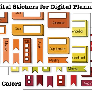 May include: Digital stickers for digital planning in fall colors. The stickers include various shapes and sizes with text such as "Class", "Test", "Meeting", "To Do", "Break", "Remember", "Appointment", and "Meeting".