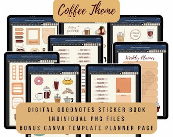 Coffee Stickers: GoodNotes Digital Planner, PNG Files, Canva Template (Digital Download)