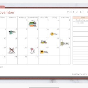 May include: A November calendar planner with a to-do list on the right side. The calendar has a grid layout with each day of the month labeled. There are icons for different activities, such as a book for library, a calculator for math, a pencil for exam, a glass of wine for night out, a suitcase for vacation, and a smiley face for holiday.