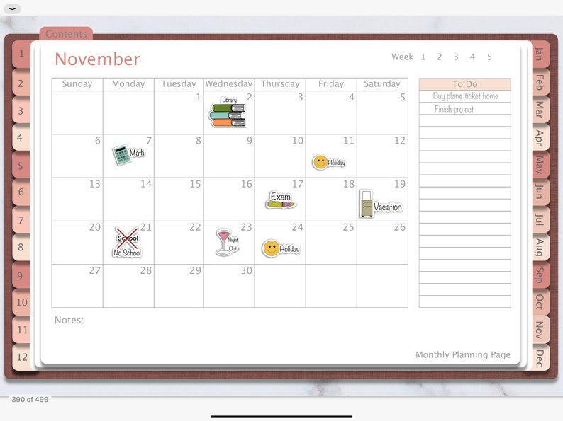 May include: A November calendar planner with a to-do list on the right side. The calendar has a grid layout with each day of the month labeled. There are icons for different activities, such as a book for library, a calculator for math, a pencil for exam, a glass of wine for night out, a suitcase for vacation, and a smiley face for holiday.
