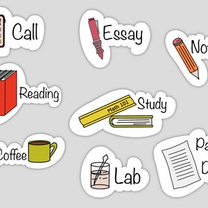 May include: Nine colorful stickers with illustrations and text related to studying. The stickers include a calculator, a pen, a pencil, books, a cup of coffee, a beaker, and a sheet of paper. The text on the stickers includes "Call", "Essay", "Notes", "Reading", "Study", "Lab", "Paper Due", "Coffee", and "Math 101".