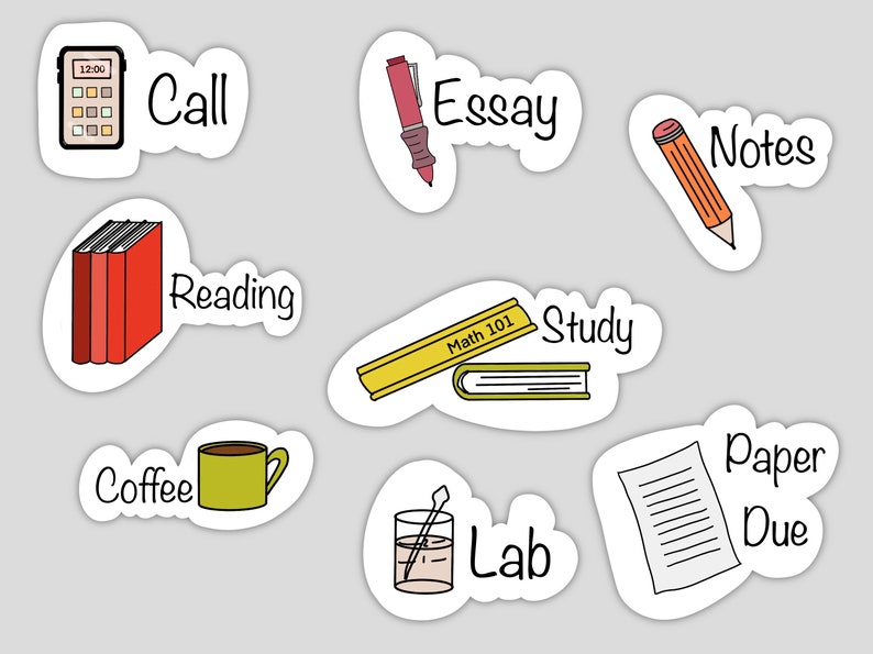 May include: Nine colorful stickers with illustrations and text related to studying. The stickers include a calculator, a pen, a pencil, books, a cup of coffee, a beaker, and a sheet of paper. The text on the stickers includes "Call", "Essay", "Notes", "Reading", "Study", "Lab", "Paper Due", "Coffee", and "Math 101".