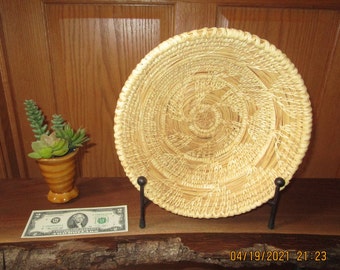 Tohono O'odham hand made basket 3 5/8' tall 10 1/2 round  (Desert People) gather Sonoran desert plant materials by hand to weave baskets .