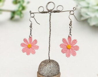 Micro Crochet Floral Dangle Earrings – Cosmos Flower Jewelry for Fall & Halloween