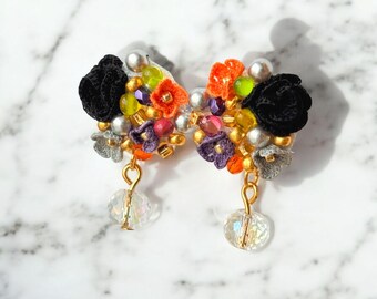 Micro Crochet Flower Earrings – Handmade Beaded Crochet Jewelry for Fall & Halloween