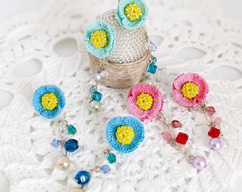 Tiny Crochet Poppy Dangling Stud Silver Earrings