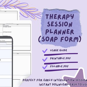 Könnte beinhalten: Digitaler Therapie-Sitzungsplaner mit dem Text "Therapy Session Planner (SOAP Form)". Enthält eine Gebrauchsanweisung, ein druckbares PDF und ein ausfüllbares PDF. Konzipiert für Frühinterventionssitzungen.