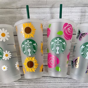 Flowers Starbucks Cup | Custom Starbuck Tumbler | Spring Starbuck tumbler | Cold Drink Cup with Lid and Green Straw | Gift For Her.