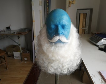 May include: A blue mannequin head with a white beard and moustache. The beard is long and curly, and the moustache is trimmed and styled.