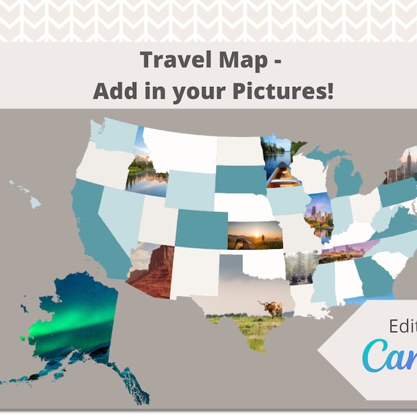 Editable Travel Map of United States - Edit and Download in Canva! Add in your Travel Pictures! Instant Download - No Products Shipped