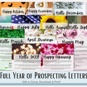 FULL YEAR of Prospecting Letters! - Home Analysis Mailer for Real Estate - Edit and Download in Canva! Monthly Theme Letters for Realtors